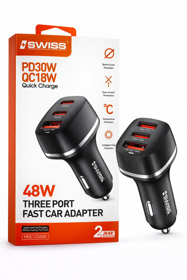 Car charger with USB-C and USB 3 ports 48W